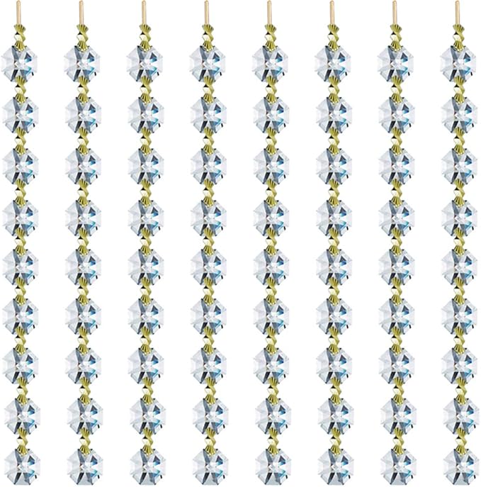 12.5 FT Crystal Glass Strand, Garland Octagon Beads Chandelier Crystal Prism Replacement for Hanging Clear with Golden Clips