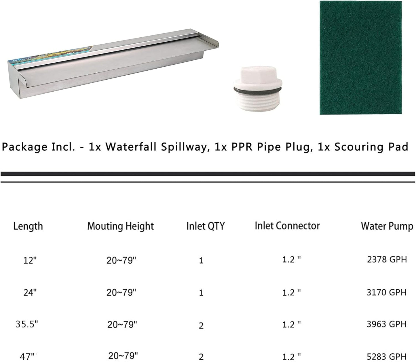 YUDA 24 Inch Water Pool Fountain, 304 Stainless Steel Pool Waterfall with Wider Water Flow Platform, Professional Waterfall Spillway for Sheer Descent Garden Outdoor
