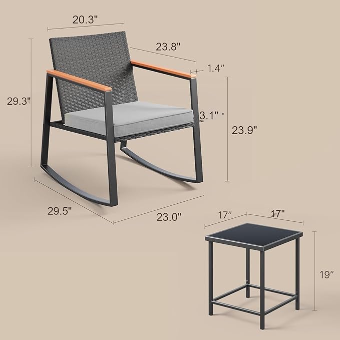 Gizoon 3 Pieces Rocking Patio Bistro Set with Anti-Scald Armrest, Outdoor Patio Wicker Furniture Set with Glass Table and Cushion for Garden, Yard, Porch