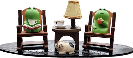 7 Pcs Cute Frog Rocking Chair Set with Miniature Frog Figurines, Mini cat, and Whimsical Trinkets - Versatile Decor for Office, Home, Yard, Patio, and Lawn