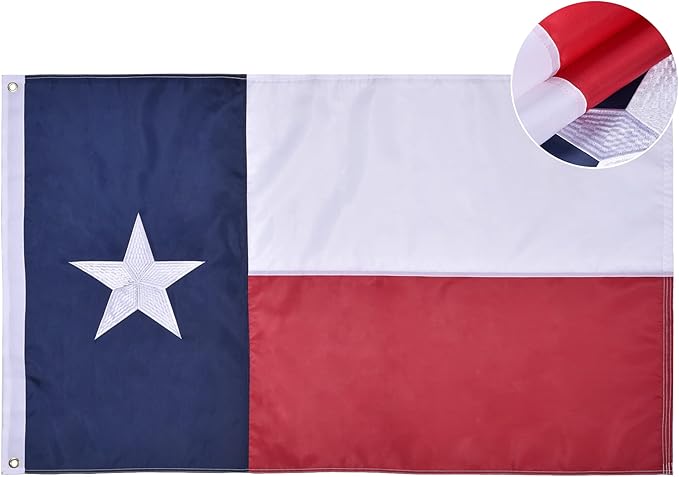 Texas State Flag 3x5 Ft, Deluxe Embroidered Heavy Duty Nylon Durable TX Outside Flags, Indoor/Outdoor, Sewn Stripes and Brass Grommets