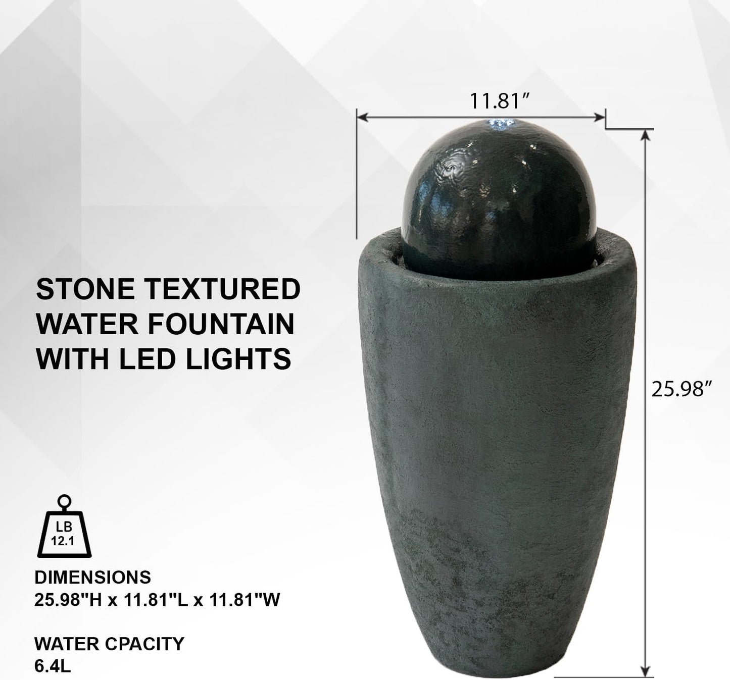 XBrand 25.98" H Round Stone Indoor/Outdoor Modern Stone Textured Sphere Water Fountain w/LED Lights Dark Green