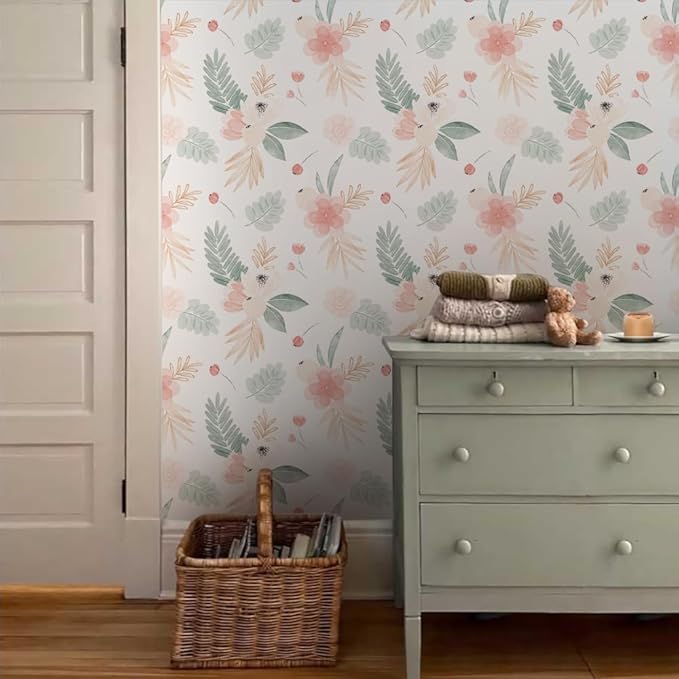 Neutral Green Leaves Pink Poppy Floral Peel and Stick Wallpaper Self Adhesive Removable Easy Peel Off Stick on Wall Paper for Bedroom Cabinet Renter