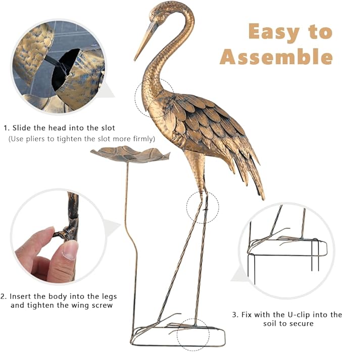 42'' Heron Garden Statue for Outside, Crane Outdoor Statue & Sculpture with Lotus Leaf, Metal Heron Yard Art Decor for Garden, Yard, Lawn, Pond (Gold & Blue)