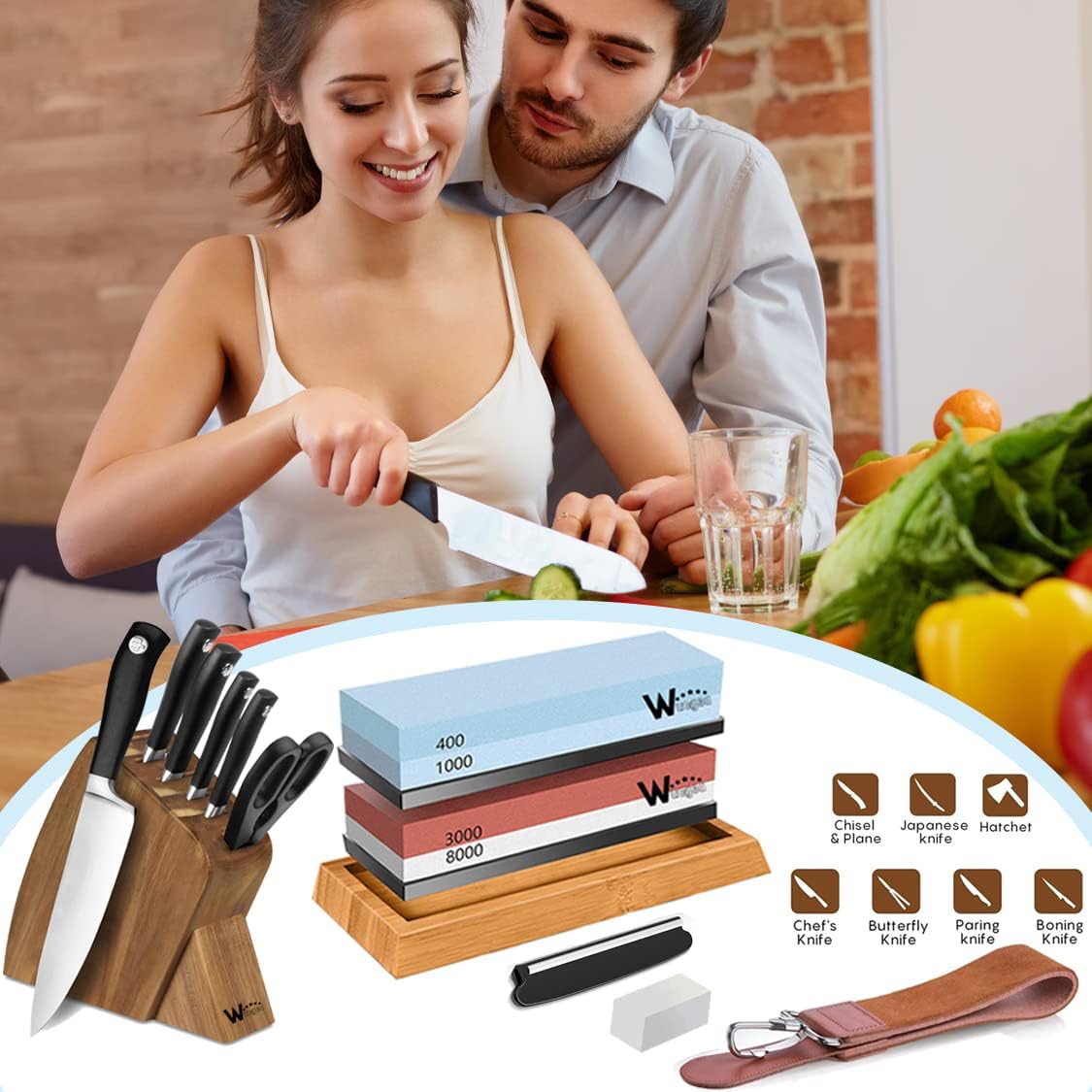 Wucgea Knife Sharpening Stone Kit - 400/1000 3000/8000 Grit Japanese Whetstone Sharpener set with Non-slip Rubber Base Angle Guide Flattening stone and Leather Strop…