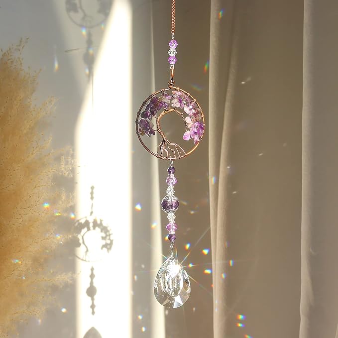 Sun Catcher Crystal Hanging Tree of Life SunCatchers Healing Crystals for Indoor Window, Home Decor, Car Charms Pack of 3