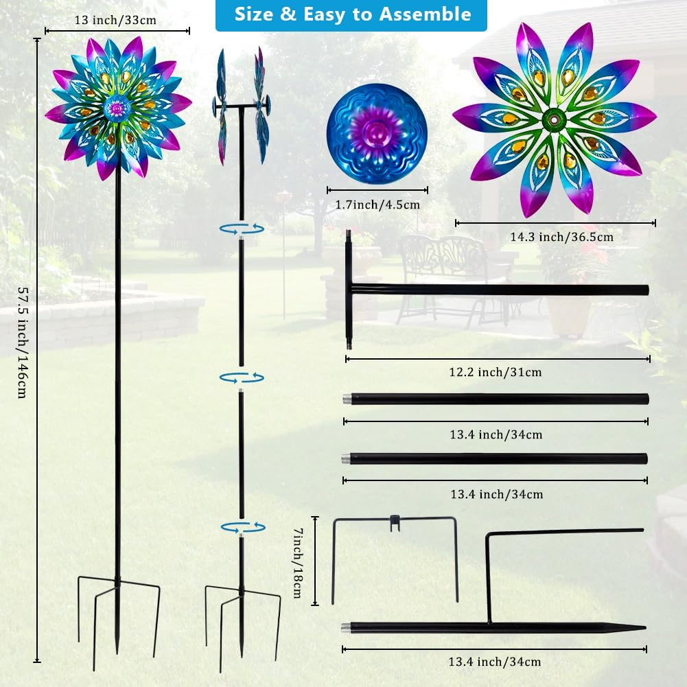 Metal Wind Spinner,13” Wind Spinners Outdoor,Peacock Windmill with Stake,Kinetic Wind Spinners for Yard and Garden,Multi-Color Pinwheels Yard Wind Sculptures,Waterproof Spinner for Patio Lawn