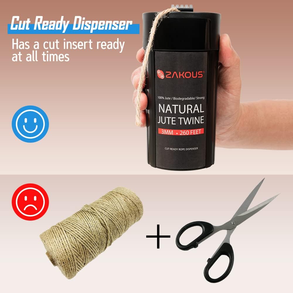Cut-Ready Rope Canister with 260 Feet Non-Tangle Natural Jute Twine, 3MM Strong Twine String for Crafts, Gift Wrapping, Packing, Gardening and Wedding Decor(3mm x 260ft)
