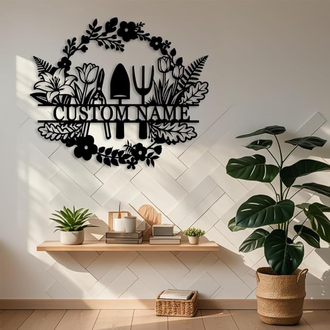 Custom Garden Metal Name Sign,Personalized Garden Tools with Flowers wall art,Gift For Gardener,Outdoor Yard Greenhouse decor style-21