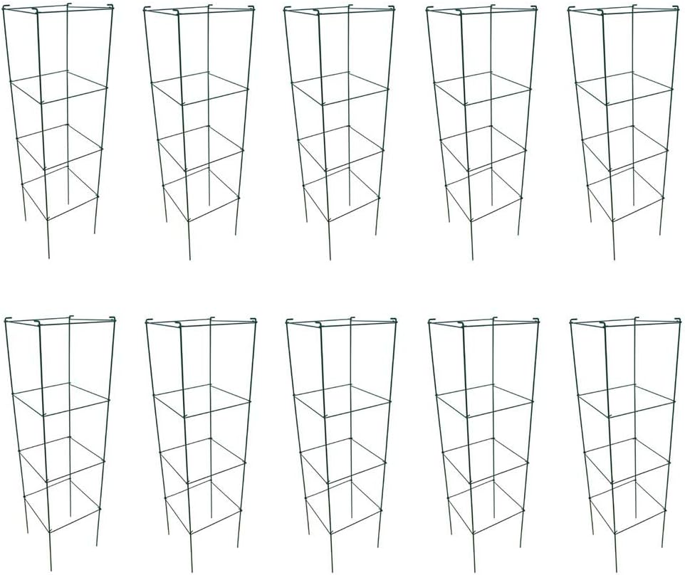 Green Square Folding Tomato Cage Plant Support Stake Tower 12 inch by 46 inch, Pack of 10 Sets