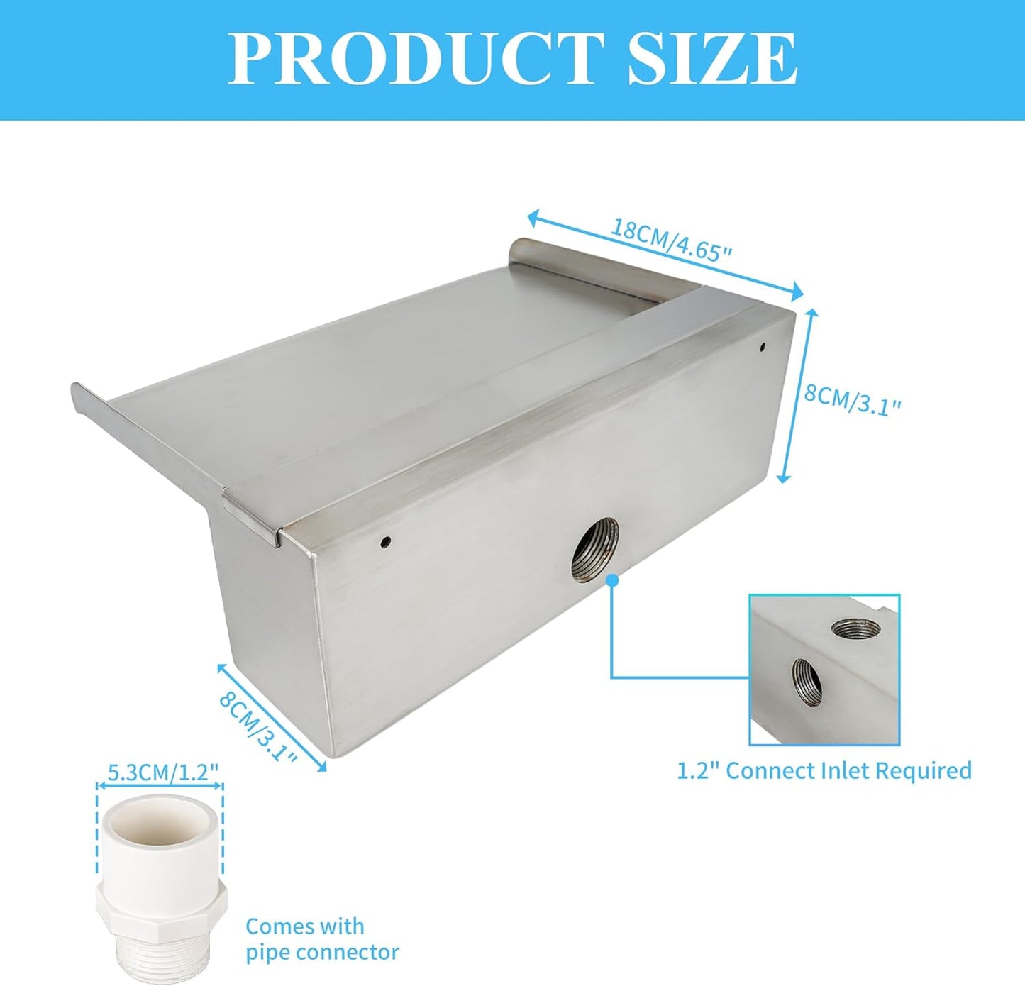 24 Inch Pool Fountain 304 Stainless Steel Waterfall Spillway with Pipe Connector Kits, Wider Water Flow Sheer Descent Platform Water Feature Fountain for Swimming Pool, Outdoor Garden Decor