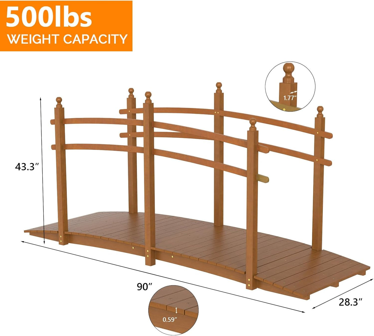 VINGLI Garden Bridge, Classic Wooden Arch with Safety Rails Footbridge (Brown, 7.5 ft)