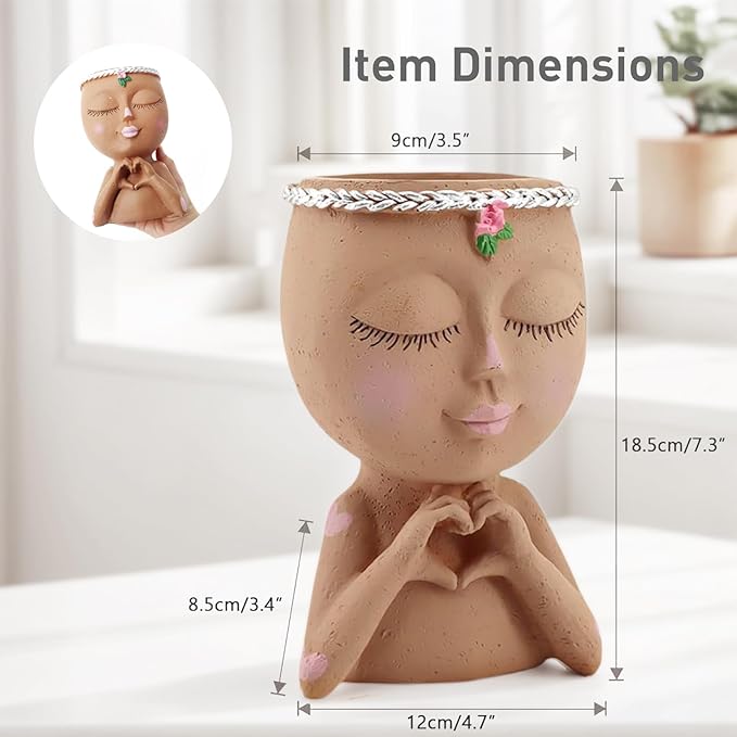 Meltset Face Planters Pots Head Unique Face Flower Pot Head Planter for Indoor Plants Cute Small Succulent Pots Indoor Plant Pot with Drainage,Great Gift (Brown Lady)