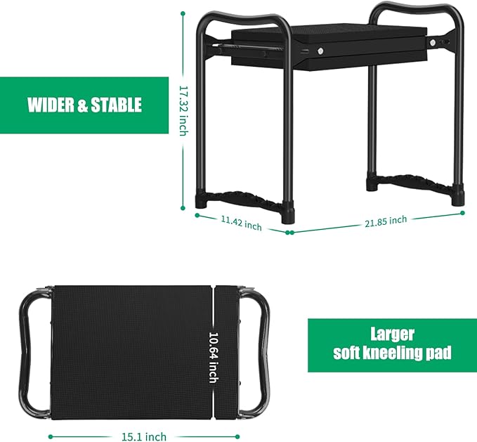 TomCare Garden Kneeler and Seat 10.64” Wider Larger Soft Kneeling Pad Garden Bench with 2 Large Tool Pouches Heavy Duty Garden Stool Foldable Tools Gardening Gifts for Women Men Gardeners,Black