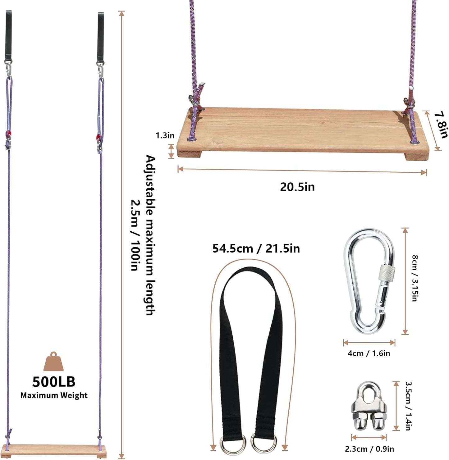 Teak Wooden Swing, Outdoor Wood Tree Swing Seat for Kids or Adults for Backyard Columpio, Height Adjustable (20.5x7.5inch)