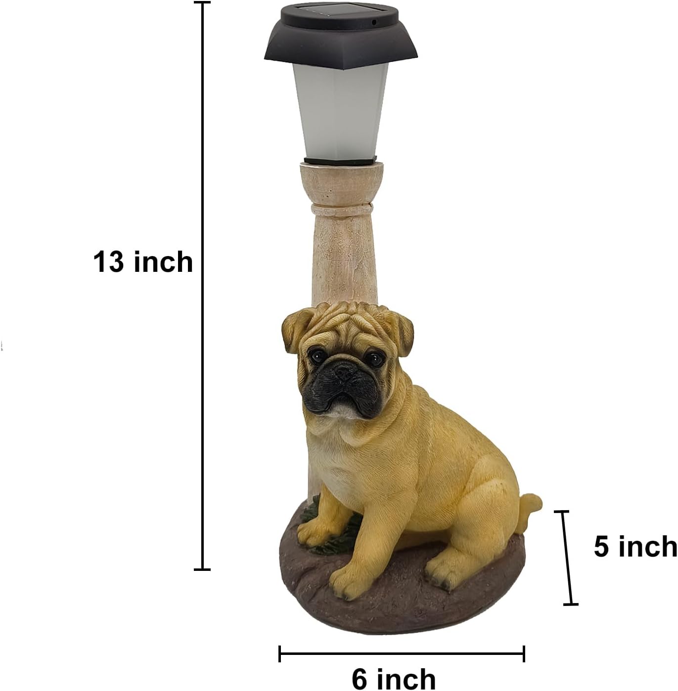 BAYN Solar Dog Garden Statues with Lantern, Resin Pug Dog Sculpture with Warm White Light for Outside Lawn Porch Patio