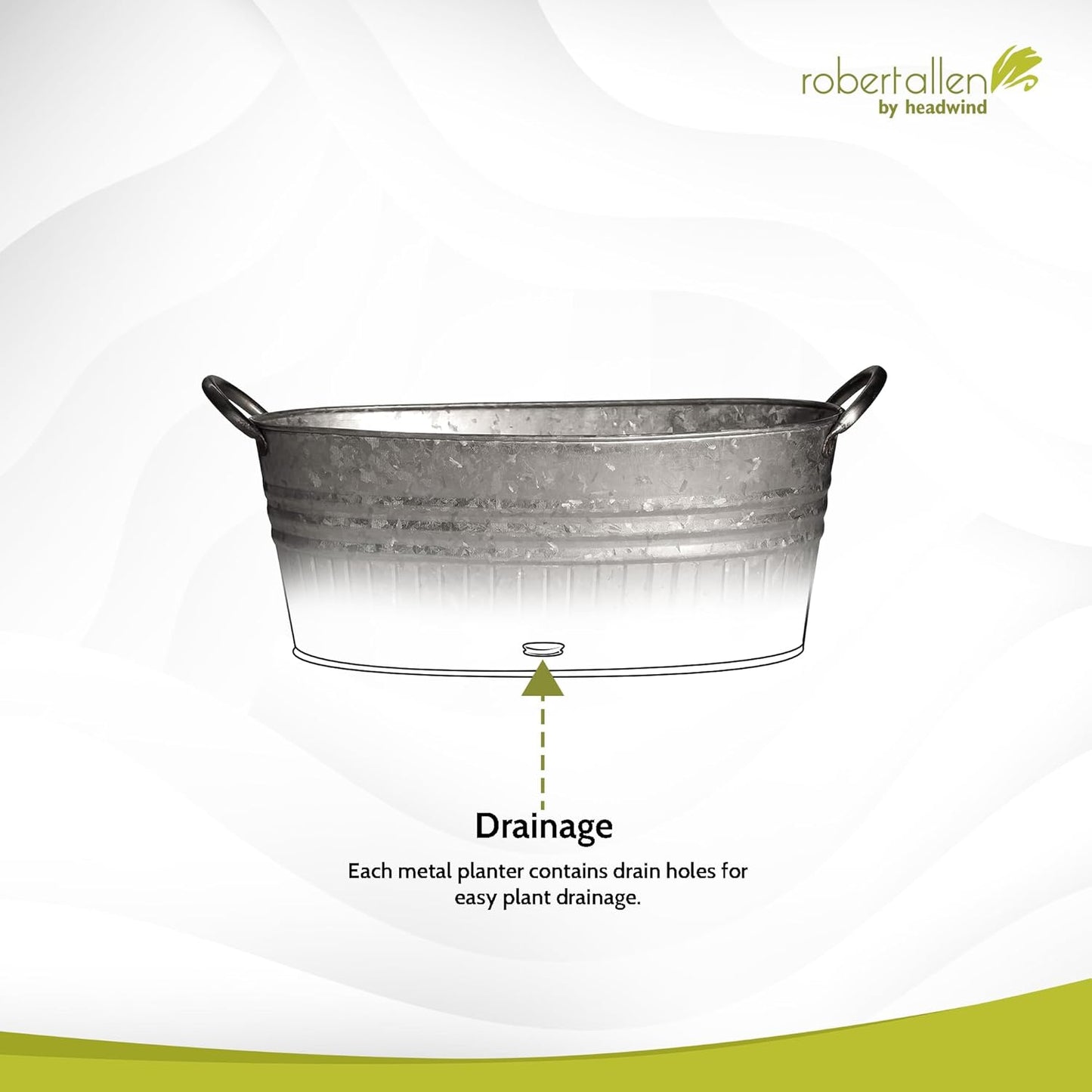 Headwind Oval Galvanized Tubs Planter with Handles – 12 Inch Lightweight Steel Indoor Oval Plant Pot with Drainage Holes – Large Galvanized Tub Flower Bucket – Outdoor Planter by Robert Allen
