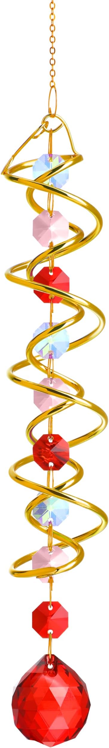 H&D HYALINE & DORA 17.7in Crystal Suncatcher Gazing Ball Spiral Tail,Wind Spinner Sun Catcher with Octagonal Beads,Sun Catchers Window Hanging for Outdoor Garden Decor