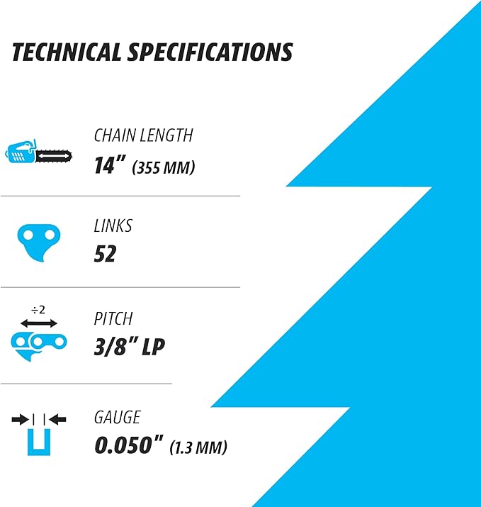 14 Inch Chainsaw Chain 3/8" LP Pitch, 050" Gauge, 52 Drive Links, German Steel, fits Husqvarna 120i, 135, Echo CS-310, Ryobi RY3714, Makita XCU11Z, EGO, WORX, POULAN and more