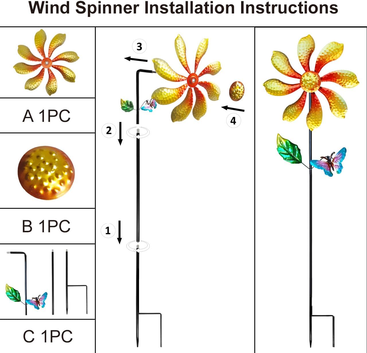 Metal Outdoor Flower Wind Spinner with Yellow Floral & Blue Butterfly, Decorative Kinetic Wind Sculpture for Yard, Garden, Patio, Lawn - Vibrant Garden Art & Lawn Ornament for Outdoor Decor