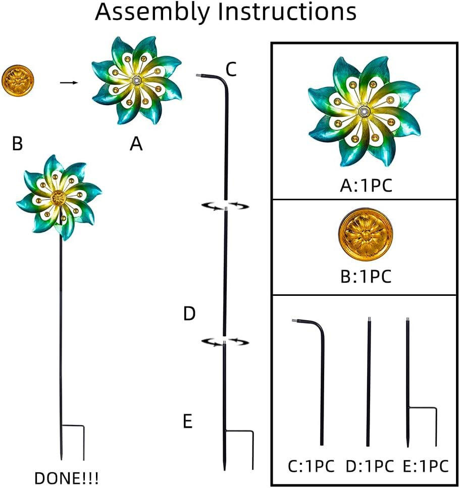 DREAMYSOUL Metal Garden Pinwheels, 9.6" Dia*40" H Kinetic Wind Spinners, Outdoor Spinners for Yard and Garden Art Lawn Decor (Cyan)