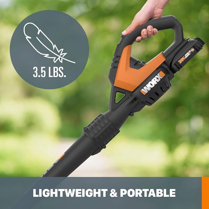 WORX WG545.9 20V Cordless Leaf Blower, Electric Blowers for Lawn Care with 120 MPH & 2.7 Lbs, Long Nozzle Design for Narrow Spaces with Cleaning Attachments, Battery & Charger Not Included