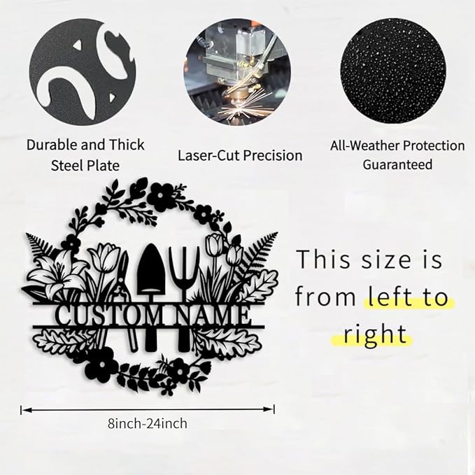 Custom Garden Metal Name Sign,Personalized Garden Tools with Flowers wall art,Gift For Gardener,Outdoor Yard Greenhouse decor style-21