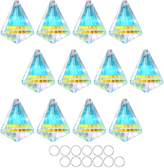 HDCRYSTALGIFTS 12pcs 38mm Crystal Faceted Prisms Suncatchers for Window Hanging AB Colored Crystals Diamond Prisms Sun Catchers Home Garden Christmas Ornament