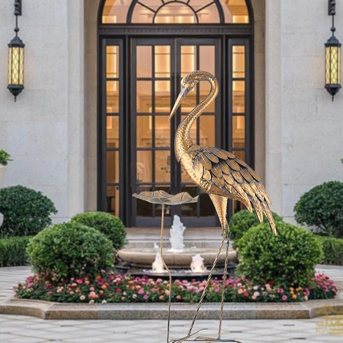 Large Heron Garden Statue, 42'' Crane Outdoor Statue with Birdbath, Crane Metal Yard Art for Porch Backyard Patio Lawn Decor (Golden)