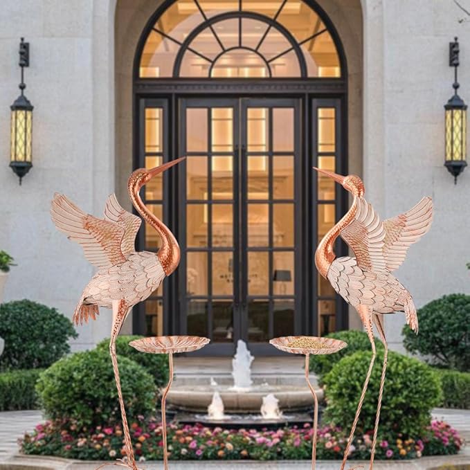 Crane Garden Statue with Birdbath, 40'' Heron Garden Statue, Crane Metal Yard Art for Outside, Backyard, Lawn, Porch Decor