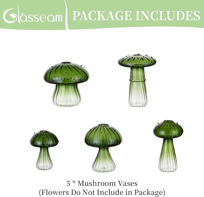 Glasseam Mushroom Plant Propagation Stations: Green Glass Terrarium Jar Set of 5 Cute Planters for Indoor Plants Mini Propagate Station Unique Christmas Birthday Gifts for Women Home Office Decor