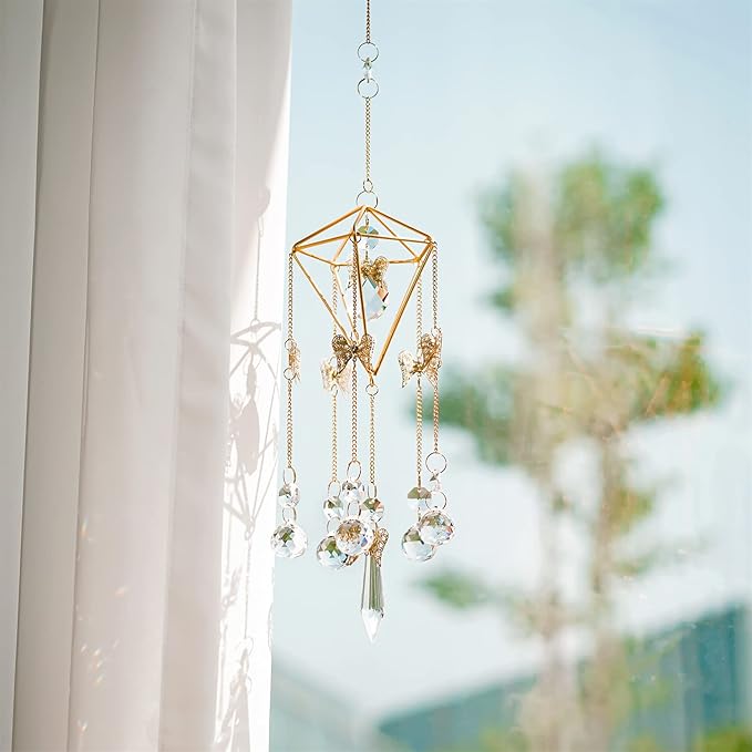 Sun Catchers with Crystals Indoor Window, Handmade Gold Plated Angel Suncatcher, Wind Chime Rainbow Maker Pendant