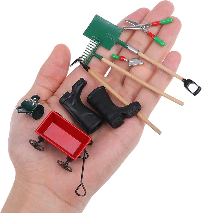 Miniature Fairy Garden Accessories Set 9 Pcs 1:12 Mini Metal Spade Pestle Kettle Wagon Rake Garden Watering Supplies Micro Landscape Ornaments Dollhouse Accessories