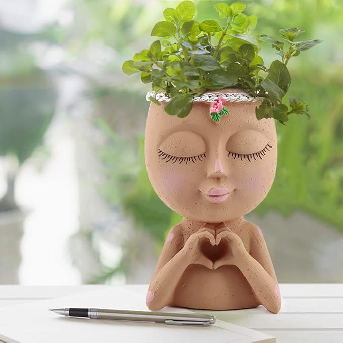 Meltset Face Planters Pots Head Unique Face Flower Pot Head Planter for Indoor Plants Cute Small Succulent Pots Indoor Plant Pot with Drainage,Great Gift (Brown Lady)