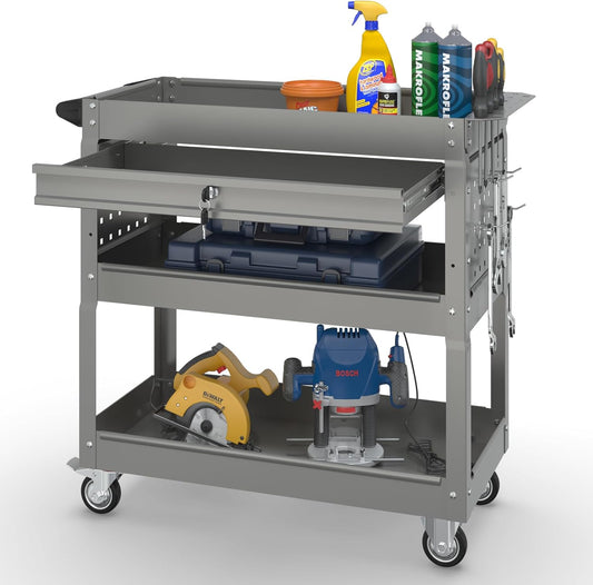 3 Tier Rolling Tool Cart on Wheels with Locking Drawer - Metal Service Cart Industrial Utility Cart for Mechanic - 350 LBS Mobile Storage Organizer for Garage, (Gray)