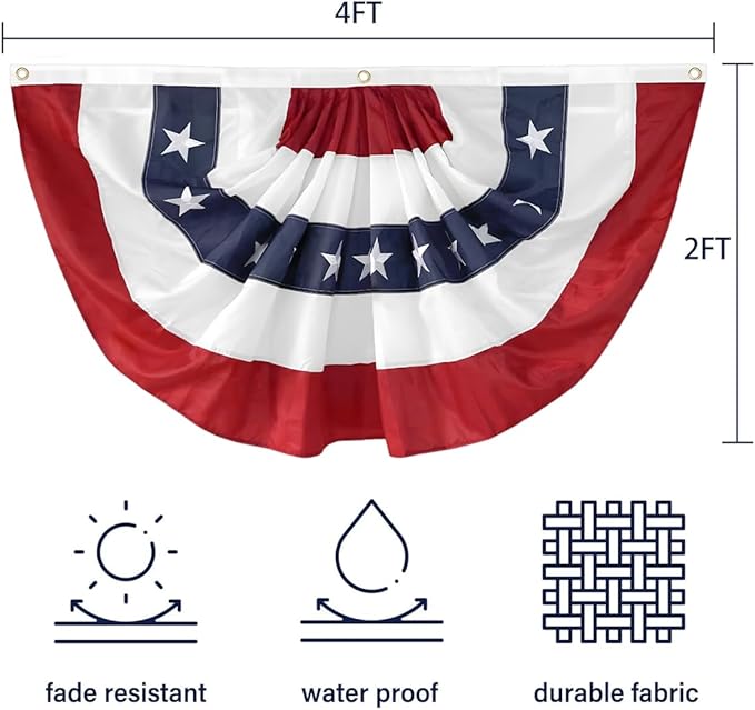4Pack American Bunting Flag 2x4 Ft Patriotic Bunting Flags 4th of July Decor Outside Porch USA Pleated Half Fan Flag Decorate Garden Embroidered Star Red White & Blue Stripe Banner