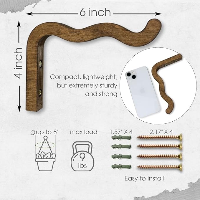 2-Piece Set of Wavy Wooden Wall Planters for Indoor Plants 6 Inch - Natural Plant Hook for Wall Plant, Wind Chimes, Flower Brackets, Patio Garden Decorations - Bracket Plant Hanger (Walnut)