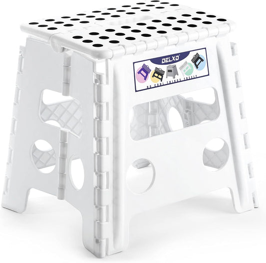 Delxo 13" Folding Step Stool for Kids and Adults, Non-Slip Foldable Step Stools with Handle,Plastic Portable Folding Stool for Bathroom,Bedroom,Kitchen,Hold up to 300lbs White