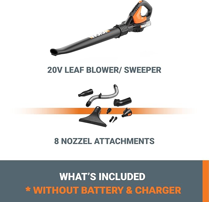 WORX WG545.9 20V Cordless Leaf Blower, Electric Blowers for Lawn Care with 120 MPH & 2.7 Lbs, Long Nozzle Design for Narrow Spaces with Cleaning Attachments, Battery & Charger Not Included