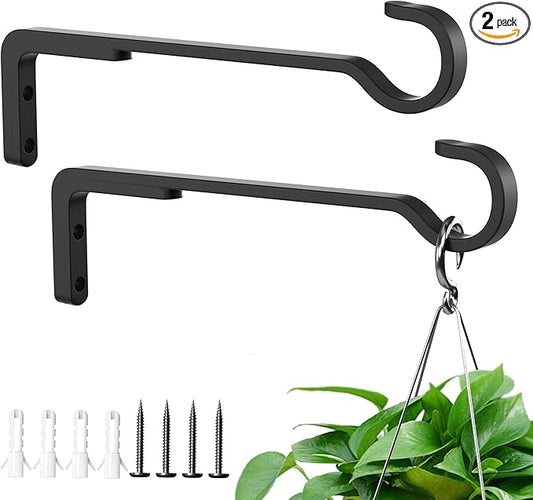 8 Inch 2 Pack Black Heavy Duty Outdoor Plant Hangers for Hanging Baskets, Iron Hanging Plant Brackets for Hanging Plants Outside, Metal Plant Hooks Plant Wall Hooks for Hanging Lantern, Bird Feeder