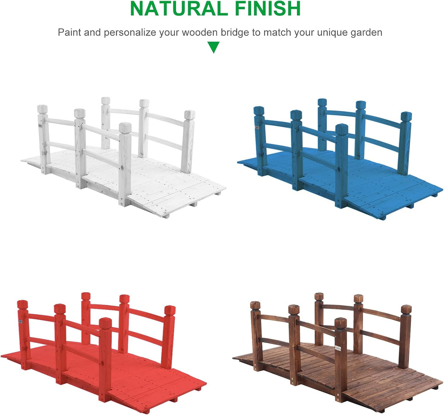 VINGLI 5 ft Garden Bridge, Classic Wooden Arch with Safety Rails Natural Finished Footbridge, Decorative Pond Landscaping, Backyard Creek or Farm