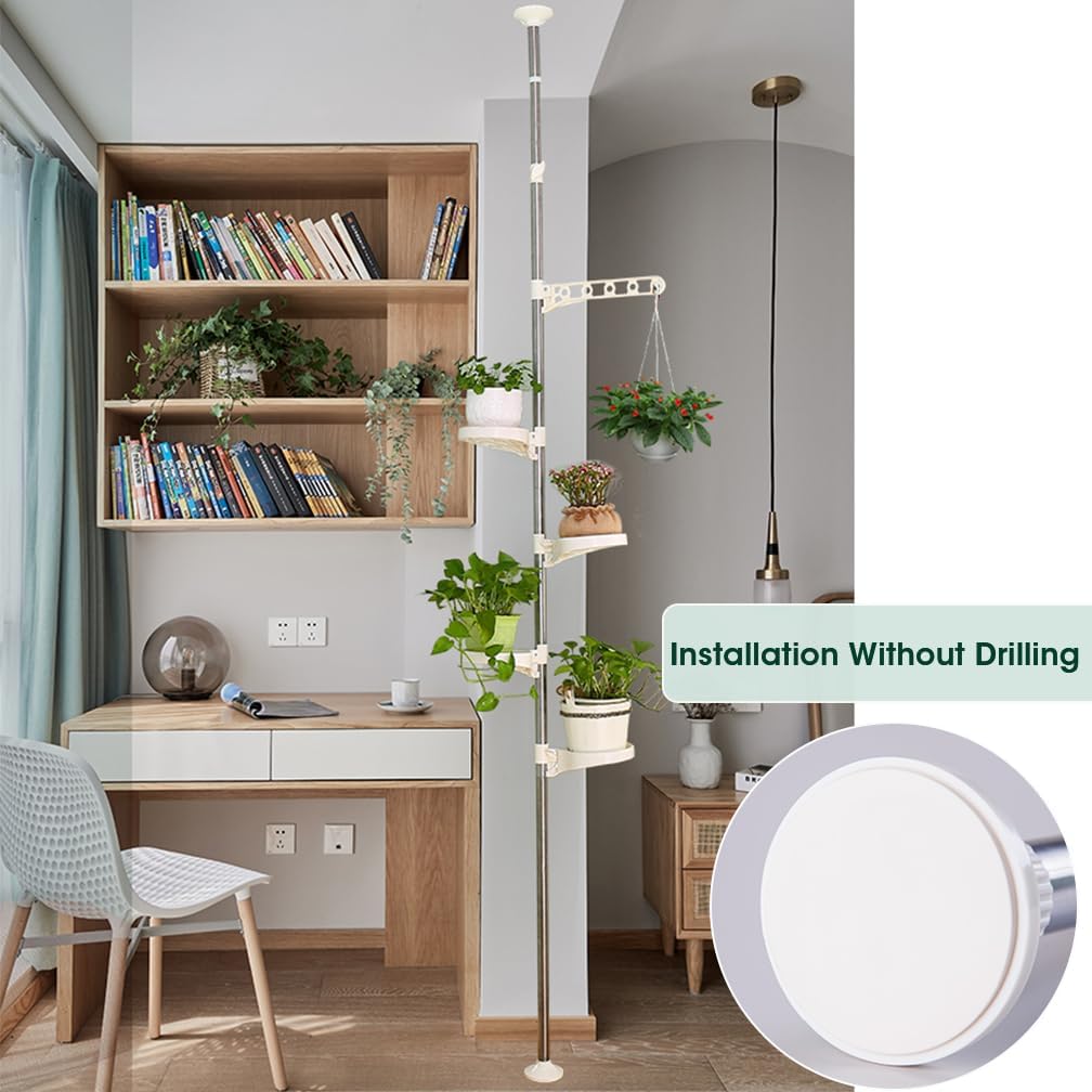 Hershii 5-Layer Indoor Plant Pole Spring Tension Rod Corner Flower Display Rack Adjustable Plant Pot Stand Holder Telescopic Floor to Ceiling Shelf Space Saving - Ivory