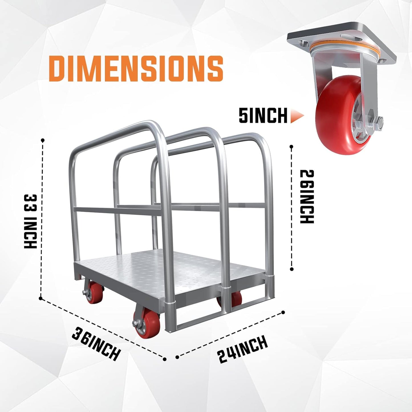 Steel Panel Truck Cart, Platform Truck, Heavy Duty Lumber Drywall Dolly, Flatbed with 2500 lbs Capacity and 4 Swivel Casters, 36x24inch Steel Board with 3 Side Handrails