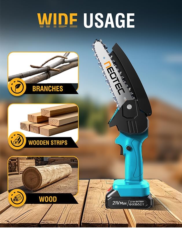 Mini Chainsaw Cordless 6-inch, NEOTEC Handheld Electric Chainsaw 4000mAh Battery Powered with Dual Security Lock, Mini Chain Saw for Tree Trimming Wood Cutting (2 Batteries+3 Chains+2 Bars)