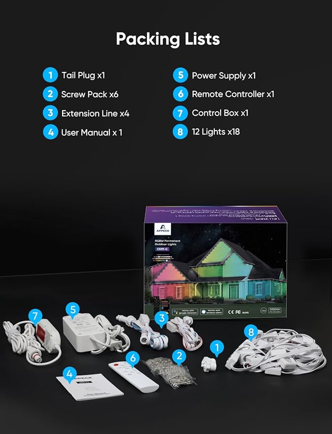 APPECK Permanent Outdoor Lights 300ft with 216 LED Lights, 108W Smart RGBW Eaves Lights, DC 36V, 40LM, IP67 Waterproof String Lights for Halloween Christmas Decor, Compatible with Alexa, White