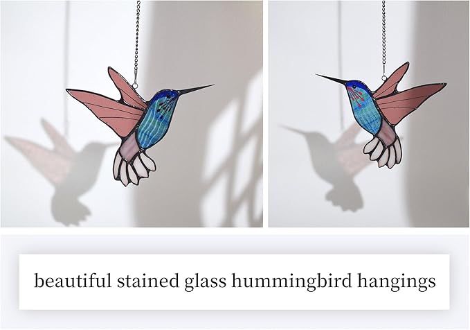 Lolitarcrafts Stained Glass Hummingbird Window Hangings with Flowers, Bird Stained Glass Suncatcher for Window Decor Hummingbird Gifts for Mom,Bird Lovers (Blue B)