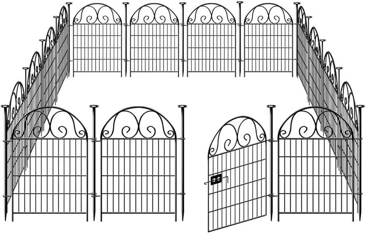 Tall Garden Animal Barrier Fence With Gate,40 in(H)×27 in(L) 12 Panels Dog Digging Fence Barrier, Black Metal Temporary Fences, Reusable Defense Fencing For Outdoor Yard. Total 26.2 Ft│Patented