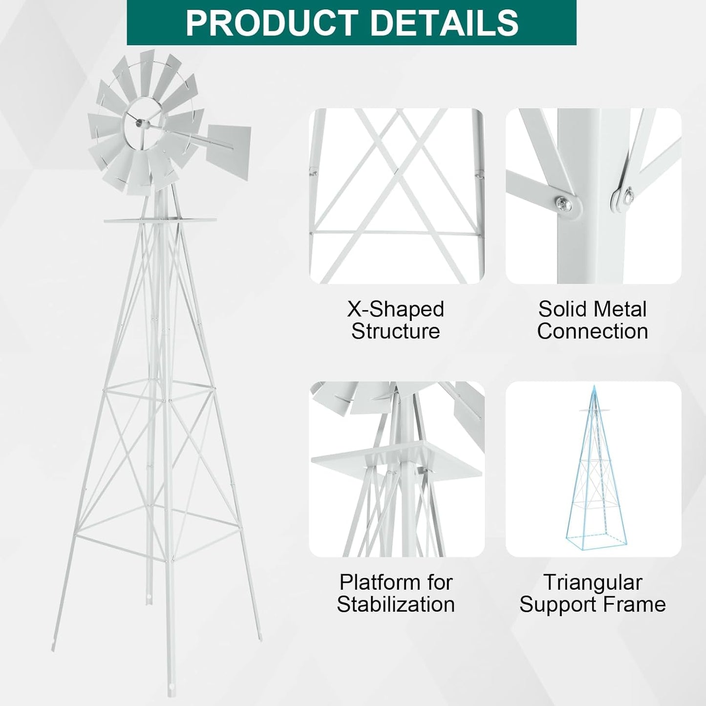 8FT Windmill for Yard Garden Decoration with Weather Vanes，Heavy Duty Outdoor Wind Mills, Large Metal Outdoor Windmill,Weather Resistant,White