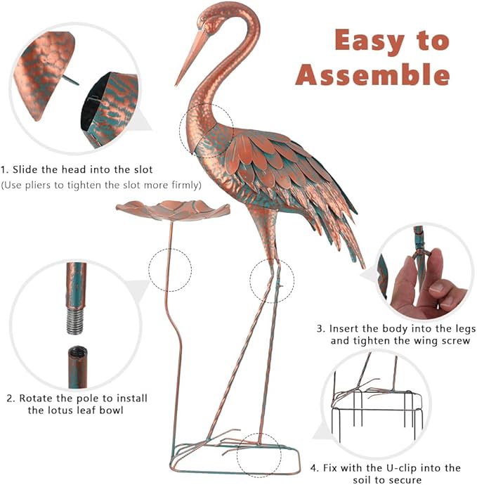 42'' Crane Garden Statue, Heron Outdoor Statue & Sculpture with Lotus Leaf, Metal Heron Yard Art Decor for Garden, Yard, Lawn, Pond (Brown & Blue)