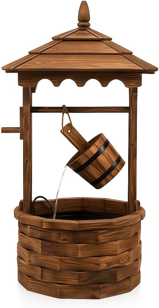 Tangkula Outdoor Wishing Well Water Fountain, Old-Fashioned Wood Waterfall Fountain w/Bucket Pump, Rustic Farmhouse Decoration for Garden, Backyard, 46 Inch Tall (22.5" x 22.5" x 48.5")